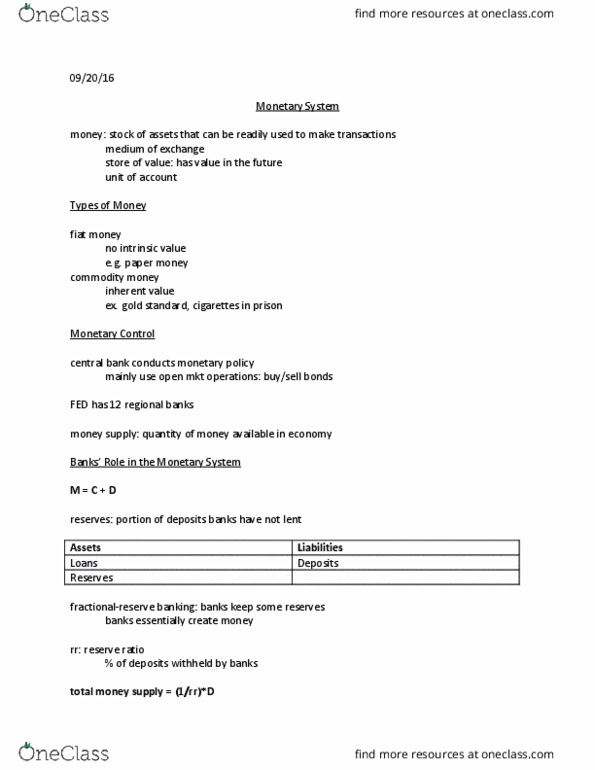 ECON 1110 Lecture Notes - Lecture 7: Monetary Base, Capital Requirement, Reserve Requirement thumbnail