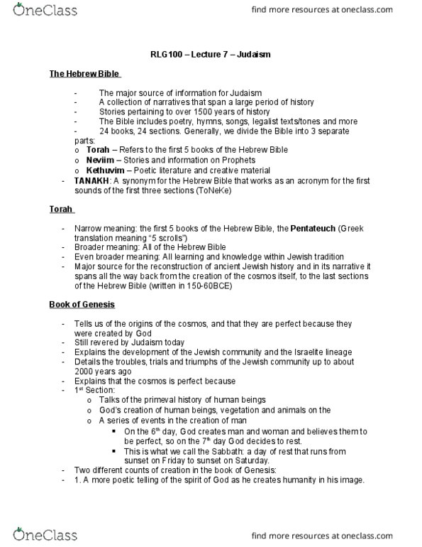 RLG100Y1 Lecture Notes - Lecture 7: Chronology Of The Bible, Primeval History, Textual Criticism thumbnail