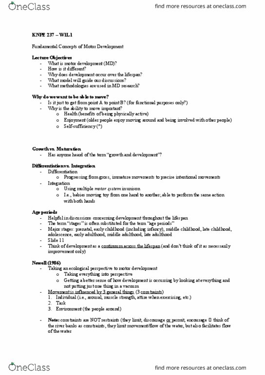 KNPE 237 Lecture Notes - Lecture 1: Motor System thumbnail