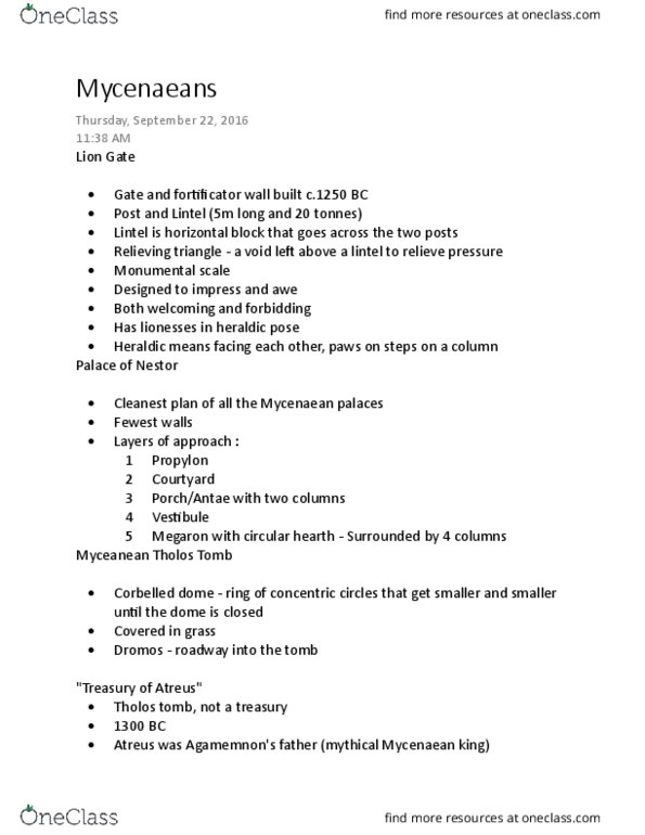 CLASSICS 1A03 Lecture Notes - Lecture 5: Corbel Arch, Atreus, Heinrich Schliemann thumbnail