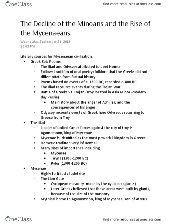 CLASSICS 1A03 Lecture Notes - Lecture 4: Atreus, Helladic Period, Carl Blegen thumbnail