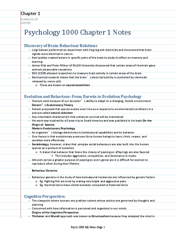 Psychology 1000 Lecture : Pschology 100 chapters 1-8 thumbnail
