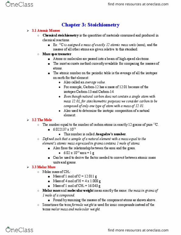 CHEM 1A Chapter Notes - Chapter 3: Limiting Reagent, Reagent, Molar Mass thumbnail