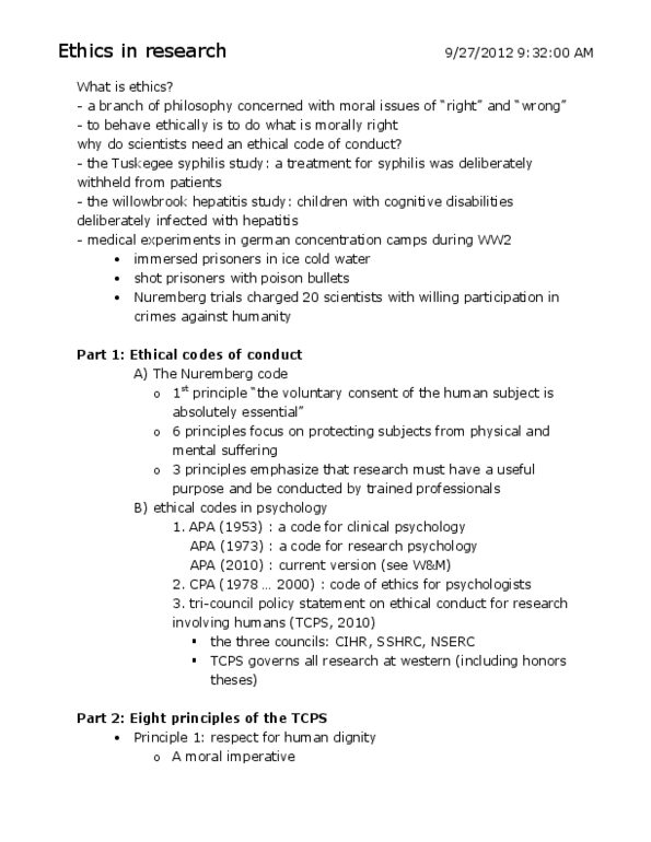 Psychology 2810 Lecture Notes - Nuremberg Trials, Syphilis, Nuremberg Code thumbnail