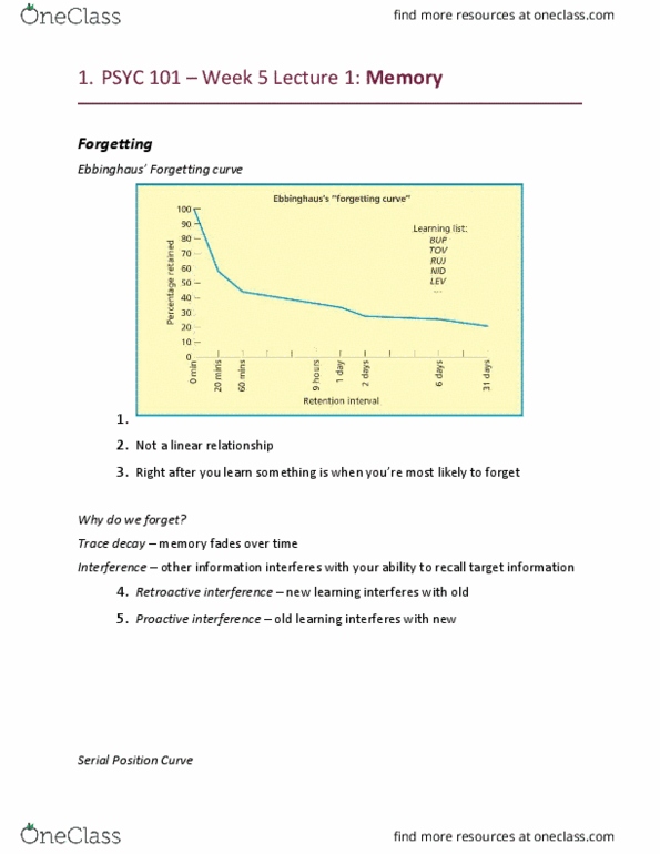 PSYC 101 Lecture Notes - Lecture 12: Prospective Memory, Forgetting Curve, Long-Term Memory thumbnail
