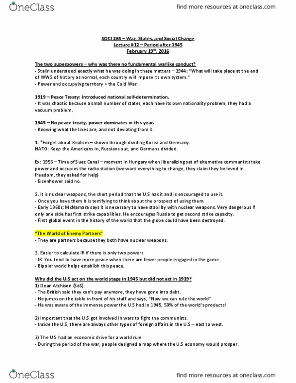 SOCI 265 Lecture Notes - Lecture 12: Marshall Plan, Hegemonic Stability Theory, Christian Democracy thumbnail