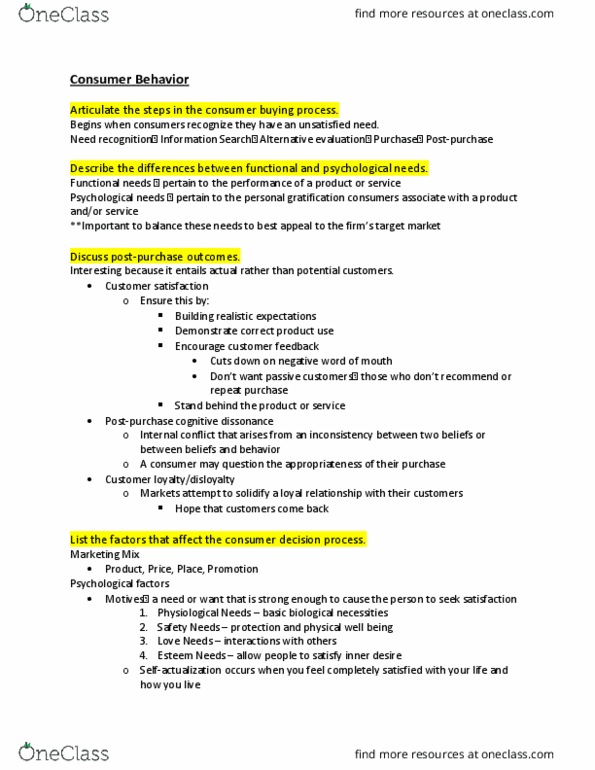 BUAD 307 Chapter Notes - Chapter 6: Customer Satisfaction, Cognitive Dissonance, Marketing Mix thumbnail