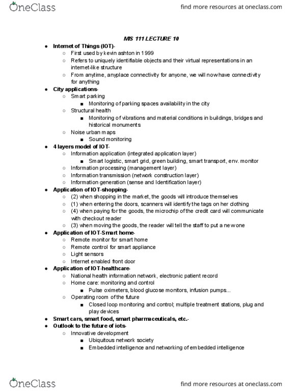 MIS 111 Lecture Notes - Lecture 10: Blood Sugar, Health Administration, Network Society thumbnail