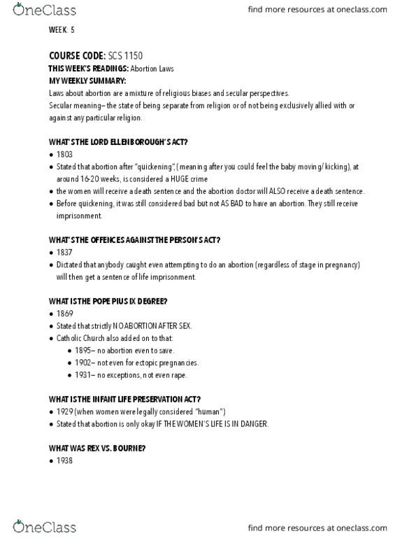 SCS 1150 Lecture 8: Abortion Laws Lecture Notes thumbnail