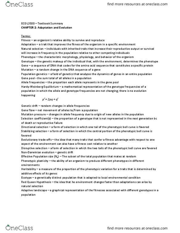 ECOL 3505H Chapter Notes - Chapter 2: Red Queen Hypothesis, Genotype Frequency, Allele Frequency thumbnail