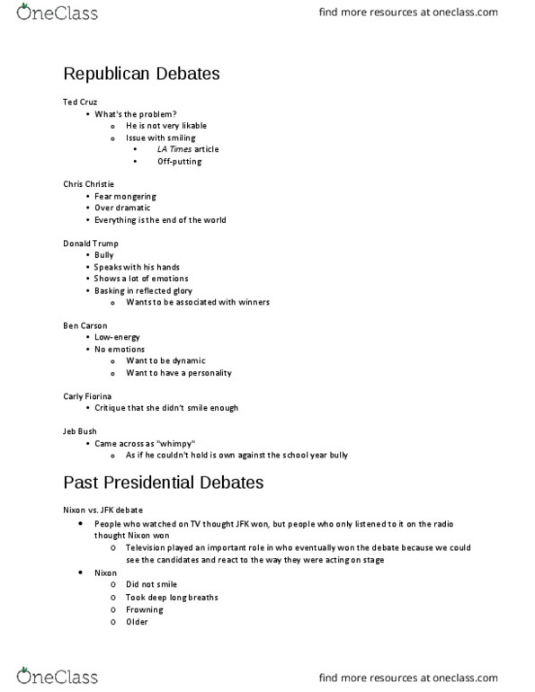 COMM 322 Lecture Notes - Lecture 5: Chris Christie, Carly Fiorina, Ben Carson thumbnail