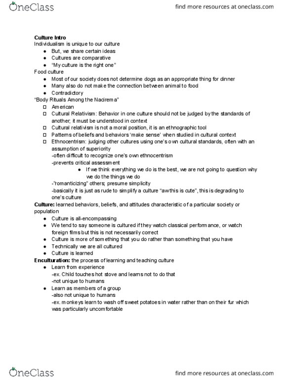 ANTHRCUL 101 Lecture Notes - Lecture 3: Subculture, Nacirema, Resource Depletion thumbnail