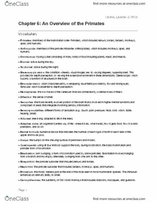 ANT 301 Chapter Notes - Chapter 6: Stereopsis, Canine Tooth, Binocular Vision thumbnail