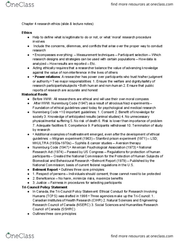 PSYC 315 Chapter Notes - Chapter 4: Natural Sciences And Engineering Research Council, Nuremberg Code, Nuremberg thumbnail