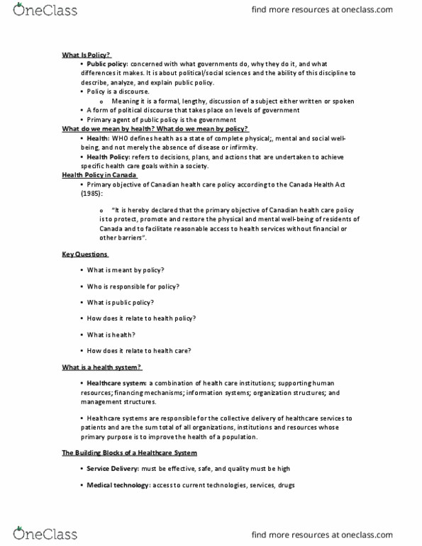 Health Sciences 3400A/B Lecture Notes - Lecture 1: Canada Health Transfer, Canada Health Act, Centers For Medicare And Medicaid Services thumbnail