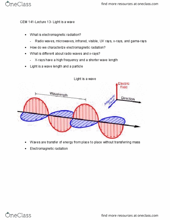 CEM 141 Lecture Notes - Lecture 13: Diffraction, Electromagnetic Radiation, Wavelength thumbnail