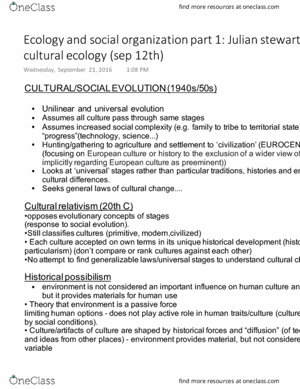 ANTH 206 Lecture Notes - Lecture 2: Environmental Determinism, Cultural Ecology, Multilinear Map thumbnail