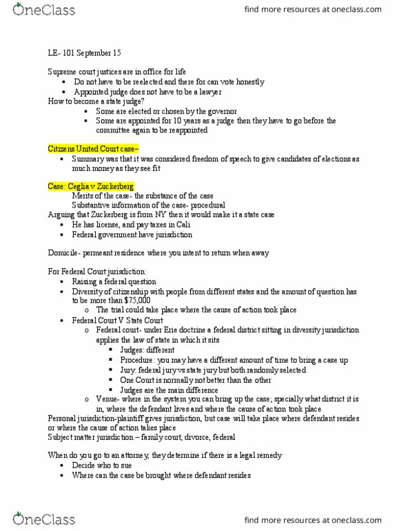 LE 101 Lecture Notes - Lecture 4: Erie Doctrine, Minimum Contacts, Federal-Question Jurisdiction thumbnail