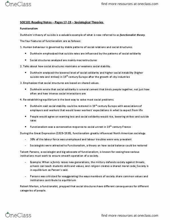 SOC101Y1 Chapter Notes - Chapter 1: Manifest And Latent Functions And Dysfunctions, Talcott Parsons thumbnail