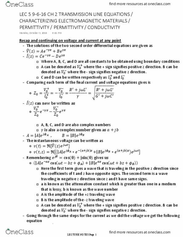 ELEG 3704 Lecture Notes - Lecture 5: Propagation Constant, Wavenumber thumbnail