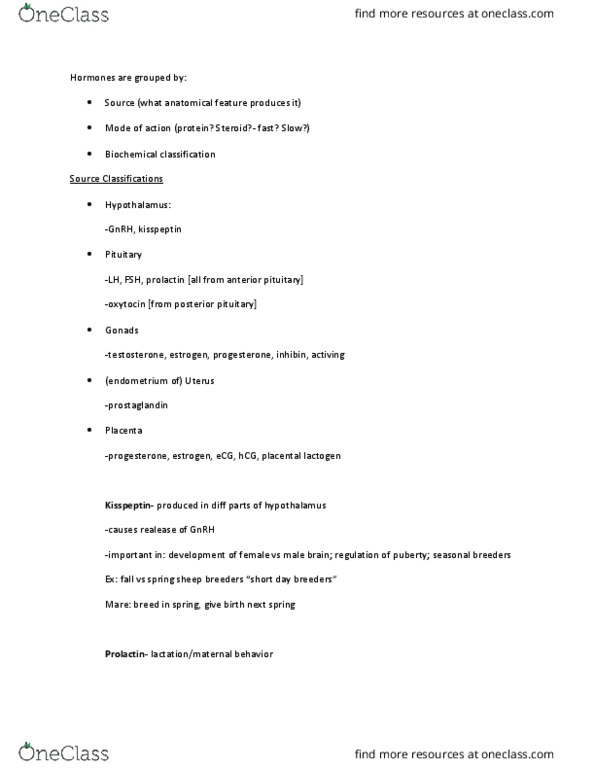 ANSC 340 Lecture Notes - Lecture 10: Gonad, Human Chorionic Gonadotropin, Anterior Pituitary thumbnail