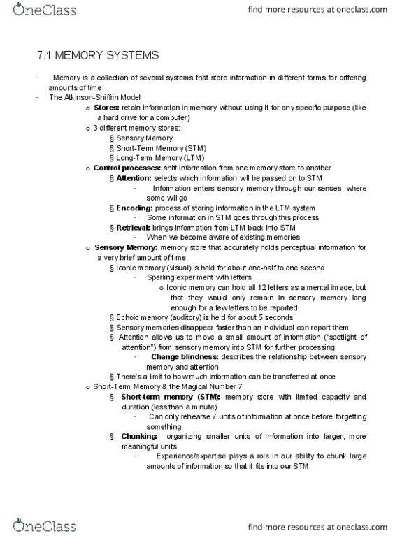 PSYA01H3 Chapter Notes - Chapter 7-8: Sensory Memory, Motor Learning, Encoding Specificity Principle thumbnail