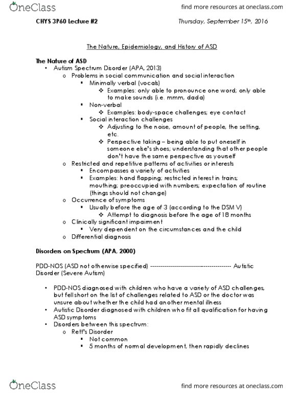 CHYS 3P60 Lecture Notes - Lecture 2: Autism Spectrum, Dsm-5, 18 Months thumbnail