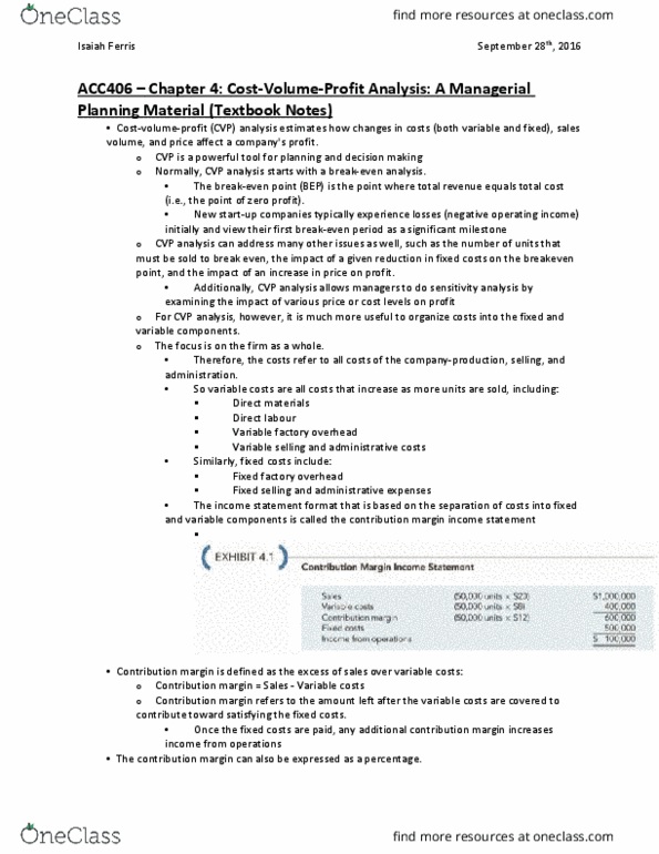 ACC 406 Chapter Notes - Chapter 4: Contribution Margin, Earnings Before Interest And Taxes, Fixed Cost thumbnail