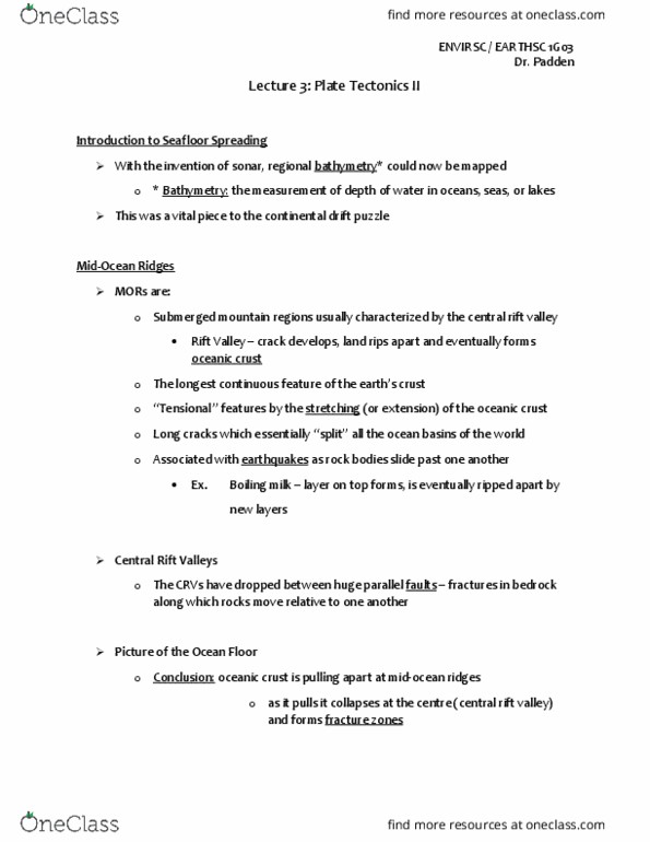 EARTHSC 1G03 Lecture Notes - Lecture 3: Oceanic Crust, Plate Tectonics, Seafloor Spreading thumbnail