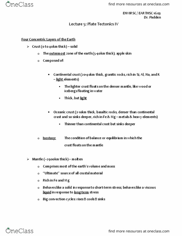 EARTHSC 1G03 Lecture Notes - Lecture 5: Continental Crust, Plate Tectonics, Oceanic Crust thumbnail