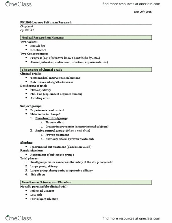 PHLB09H3 Lecture Notes - Lecture 8: Clinical Trial thumbnail