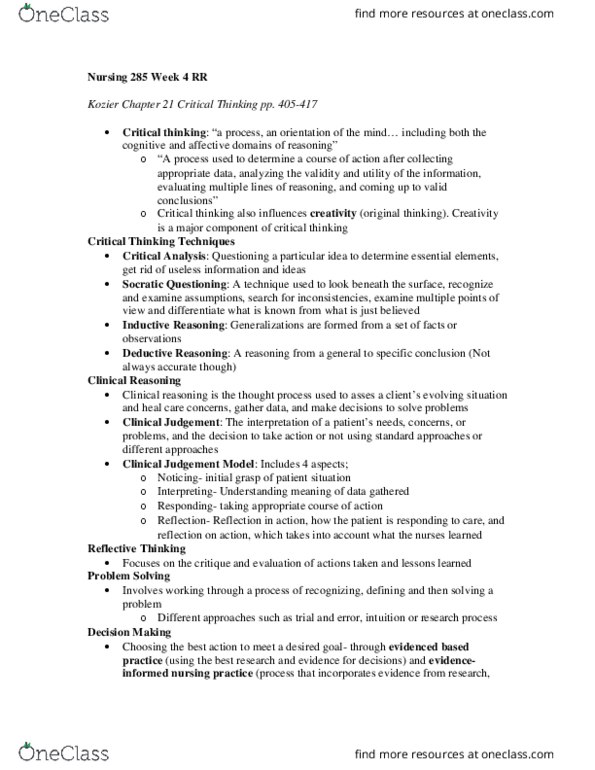 NURS 285 Chapter Notes - Chapter 4: Nursing Care Plan, Nursing Process, Critical Thinking thumbnail