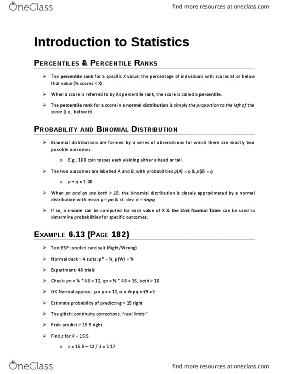 PSYC 2530 Lecture Notes - Lecture 4: Percentile Rank, Binomial Distribution, Statistical Inference thumbnail