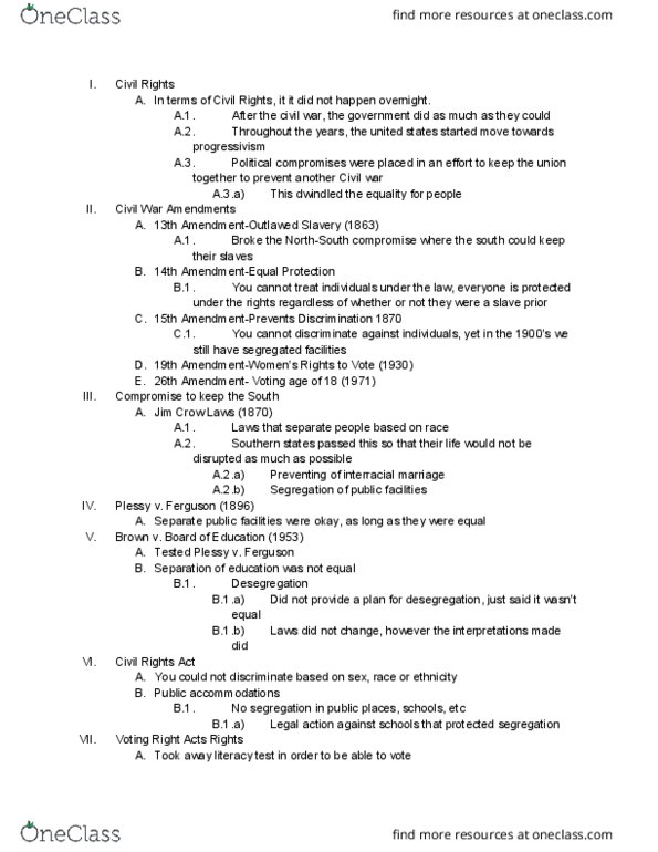 POSC 100 Lecture Notes - Lecture 8: Jim Crow Laws, Literacy Test, Desegregation thumbnail