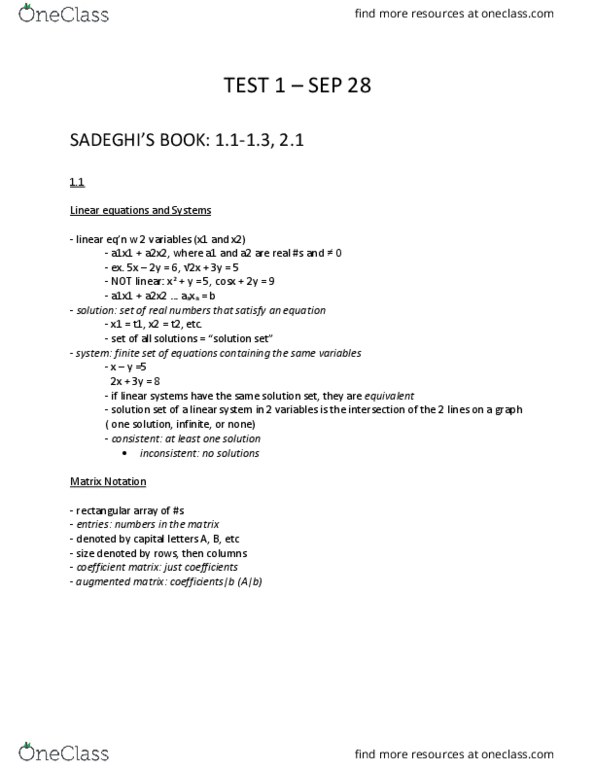 MATH 1104 Chapter Notes - Chapter 1-2.1: Augmented Matrix, Coefficient Matrix, Solution Set thumbnail