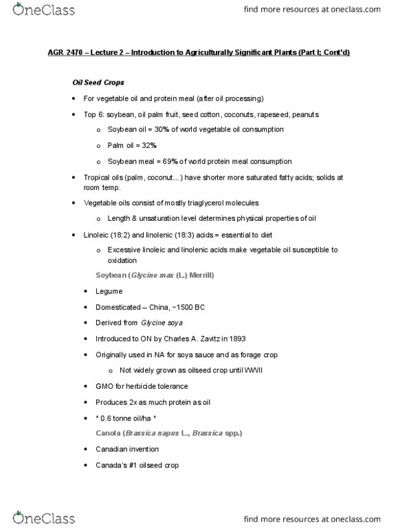 AGR 2470 Lecture Notes - Lecture 2: Rapeseed, Palm Kernel Oil, Nikolaus Joseph Von Jacquin thumbnail