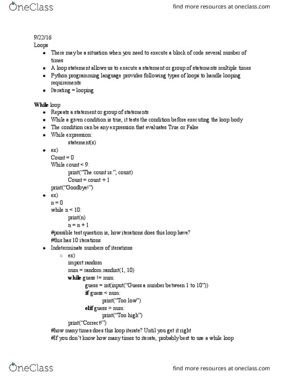 CSE 1010 Lecture Notes - Lecture 5: While Loop thumbnail