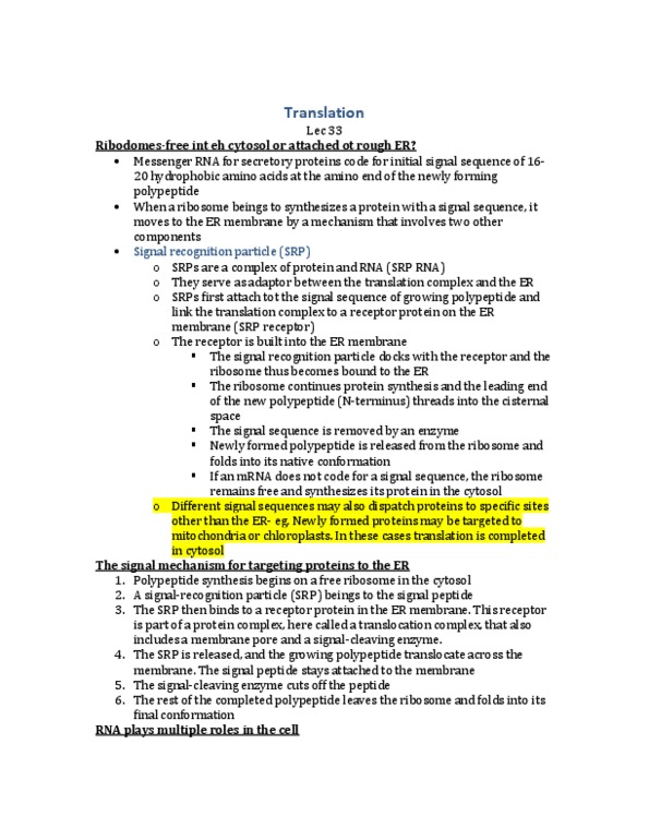 BIOL 1010 Lecture Notes - Protein Structure, Small Nuclear Rna, Rna Splicing thumbnail