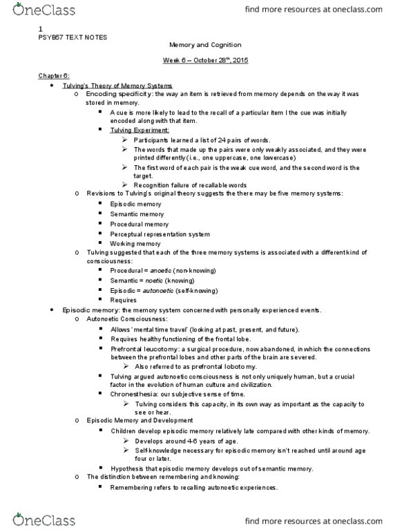 PSYB57H3 Chapter Notes - Chapter 6: Lobotomy, Episodic Memory, Semantic Network thumbnail