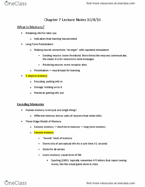 PSY 150A1 Lecture Notes - Lecture 13: Iconic Memory, Sensory Memory, Staccato thumbnail