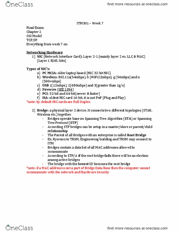 ITM 301 Lecture Notes - Lecture 7: Spanning Tree Protocol, Network Interface Controller, Mac Address thumbnail