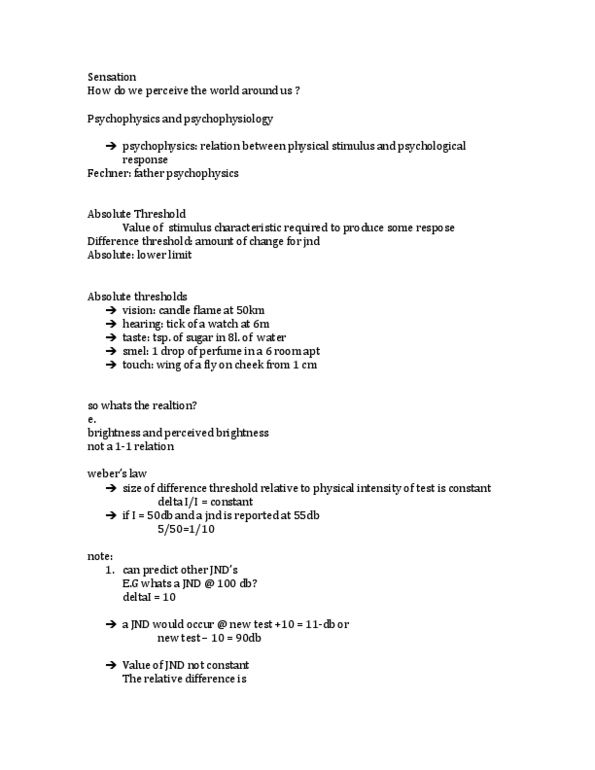 Psychology 1000 Lecture Notes - Proprioception, Psychophysiology, Power Law thumbnail