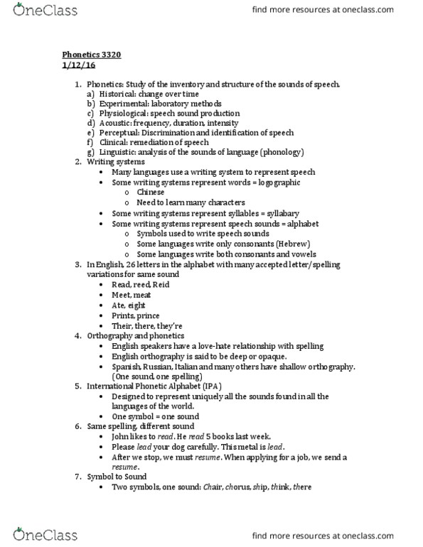 SPHHRNG 3320 Lecture Notes - Lecture 1: Logogram, Phonetics, International Phonetic Alphabet thumbnail