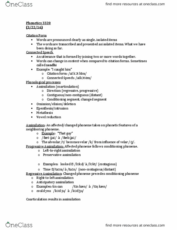 SPHHRNG 3320 Lecture Notes - Lecture 8: Elision, Vowel Reduction, Coarticulation thumbnail