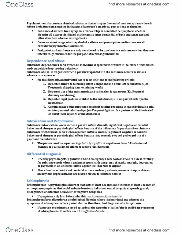 PSYC 100 Lecture Notes - Lecture 5: Schizophreniform Disorder, Schizoaffective Disorder, Substance Intoxication thumbnail