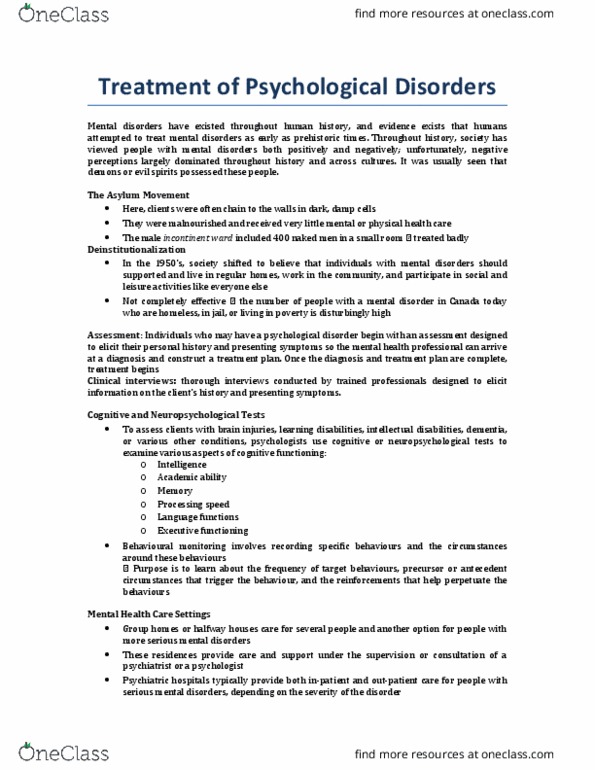 PSYC 100 Lecture Notes - Lecture 6: Tardive Dyskinesia, Mental Health Professional, Antipsychotic thumbnail