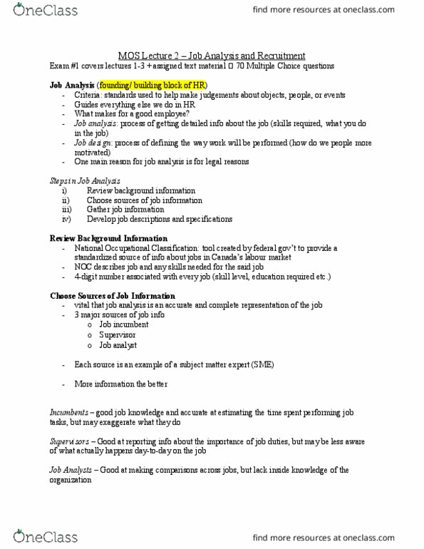 Management and Organizational Studies 1021A/B Lecture Notes - Lecture 2: Paq, Job Analysis, Job Design thumbnail