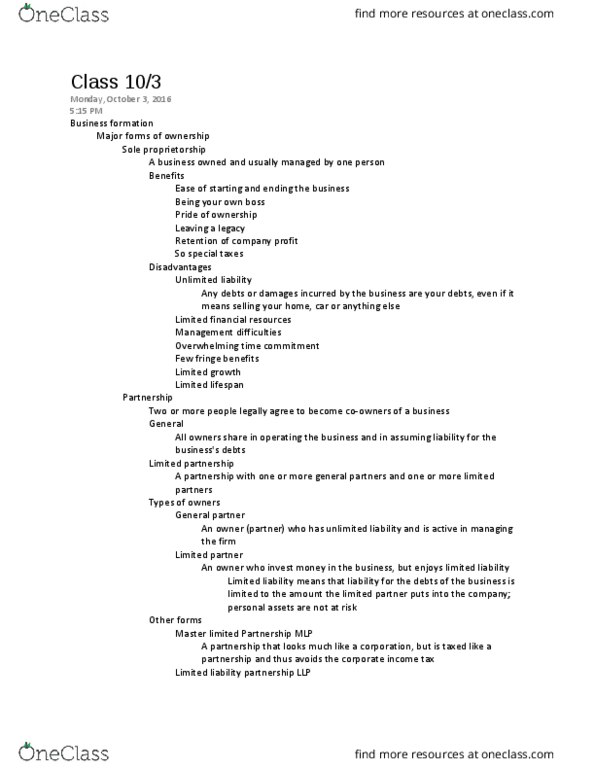 BSAD 101 Lecture Notes - Lecture 5: Limited Liability Partnership, Limited Liability, Sole Proprietorship thumbnail