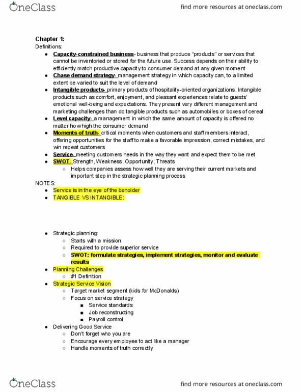 HMGT 1350 Chapter Notes - Chapter 1: Target Market, Swot Analysis, Strategic Planning thumbnail