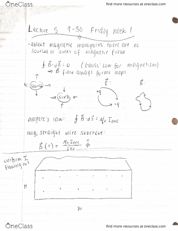 PHYSICS 1C Lecture Notes - Lecture 5: Magnetic Monopole, Ampere, Eni thumbnail